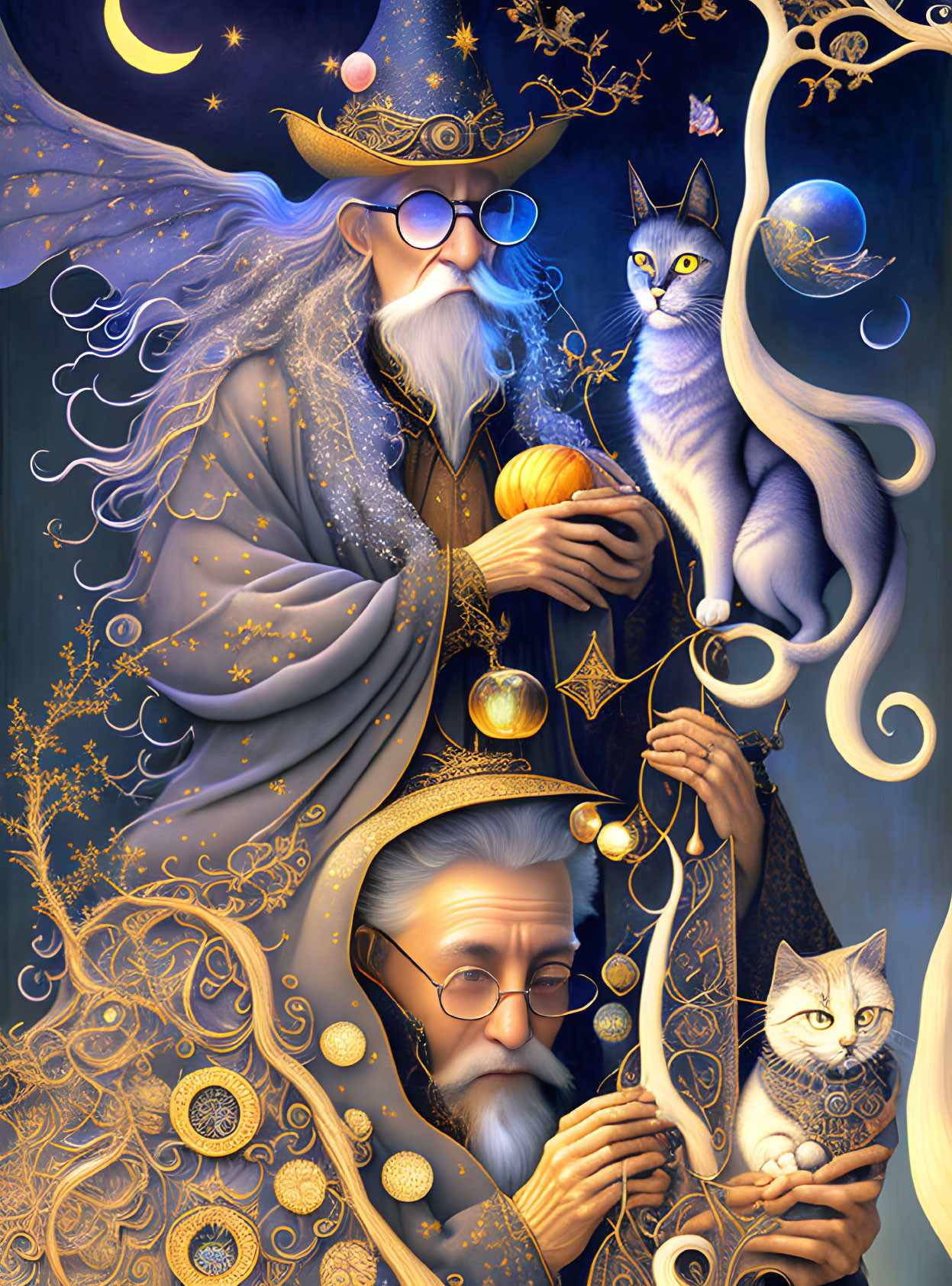 Illustration of two wizards in starry robes with mystical cats and celestial motifs