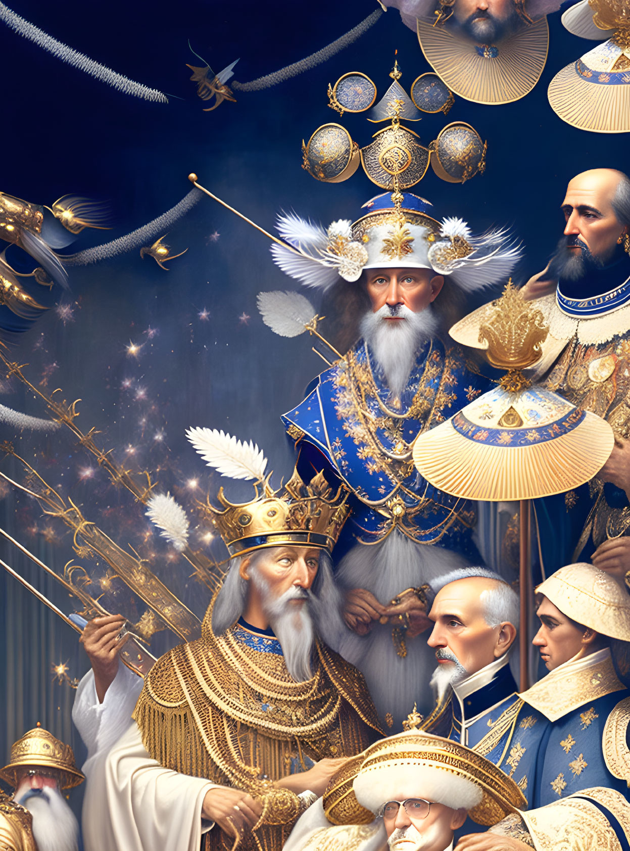 Regal bearded figures in golden armor with crowns, set against a mystical starry backdrop.