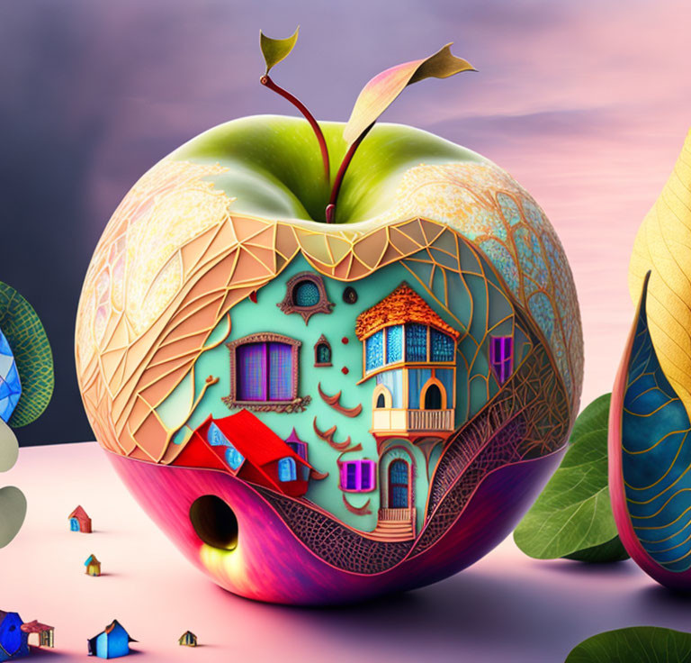 Whimsical apple illustration with fairy tale village facade