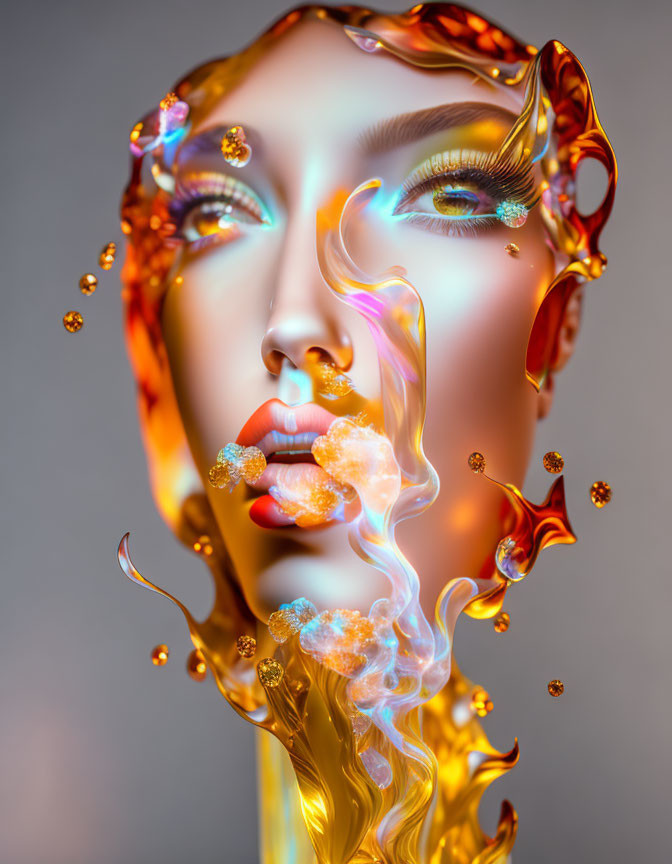 Surreal digital art: Female figure with golden liquid textures and floating orbs.