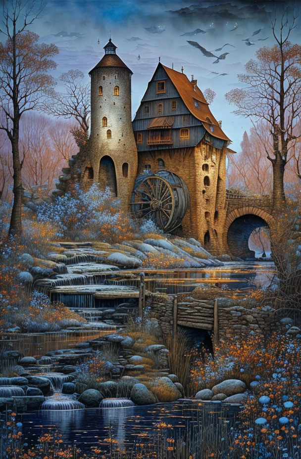 Medieval watermill house with tower in tranquil forest at twilight