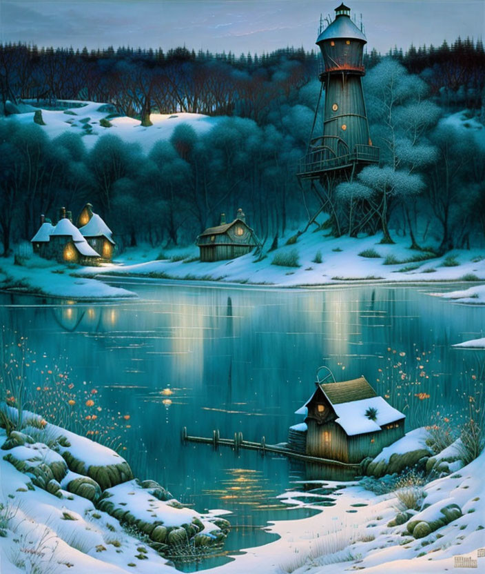 Winter night scene: lighthouse, cozy cottages, frozen lake & snow-covered trees