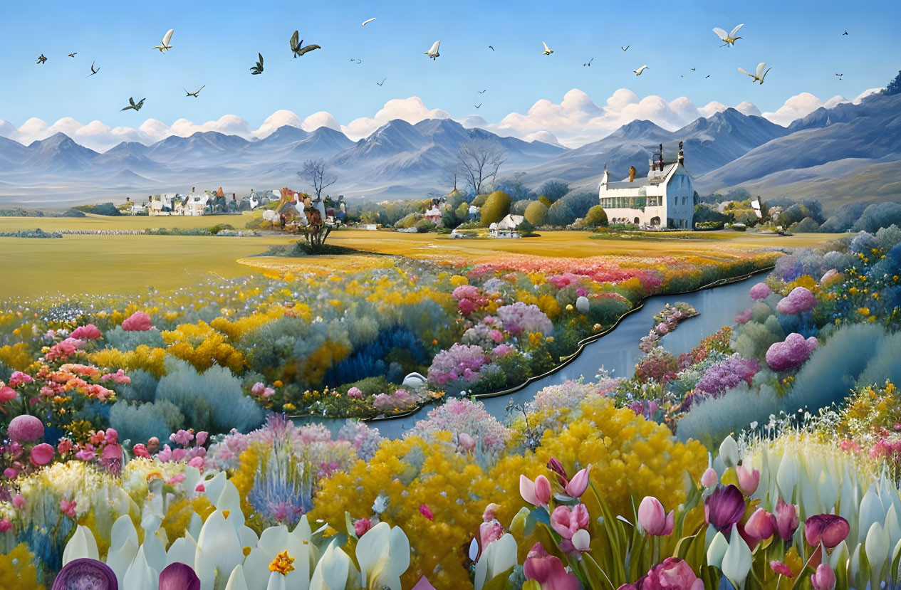 Scenic landscape with flower fields, river, village, mountains, and birds