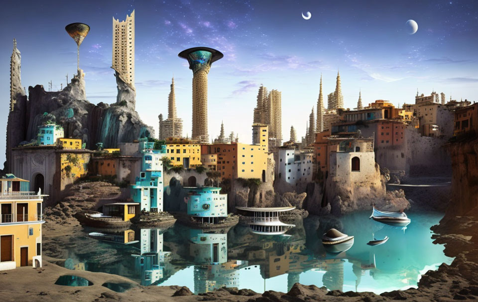 Futuristic cityscape with towering spires, waterfalls, traditional buildings, and advanced watercraft