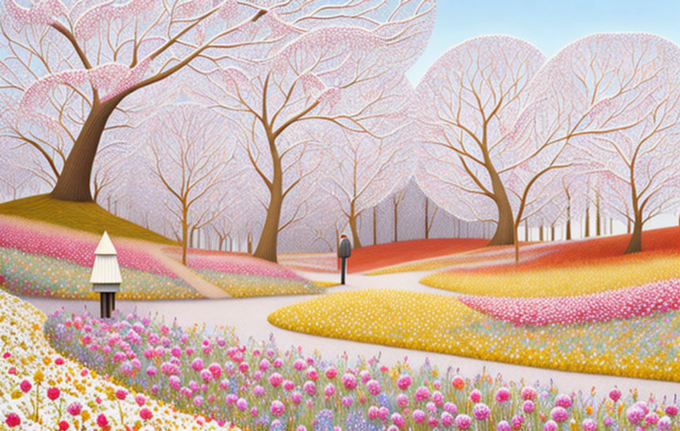 Vibrant landscape with flowering trees and whimsical conical trees