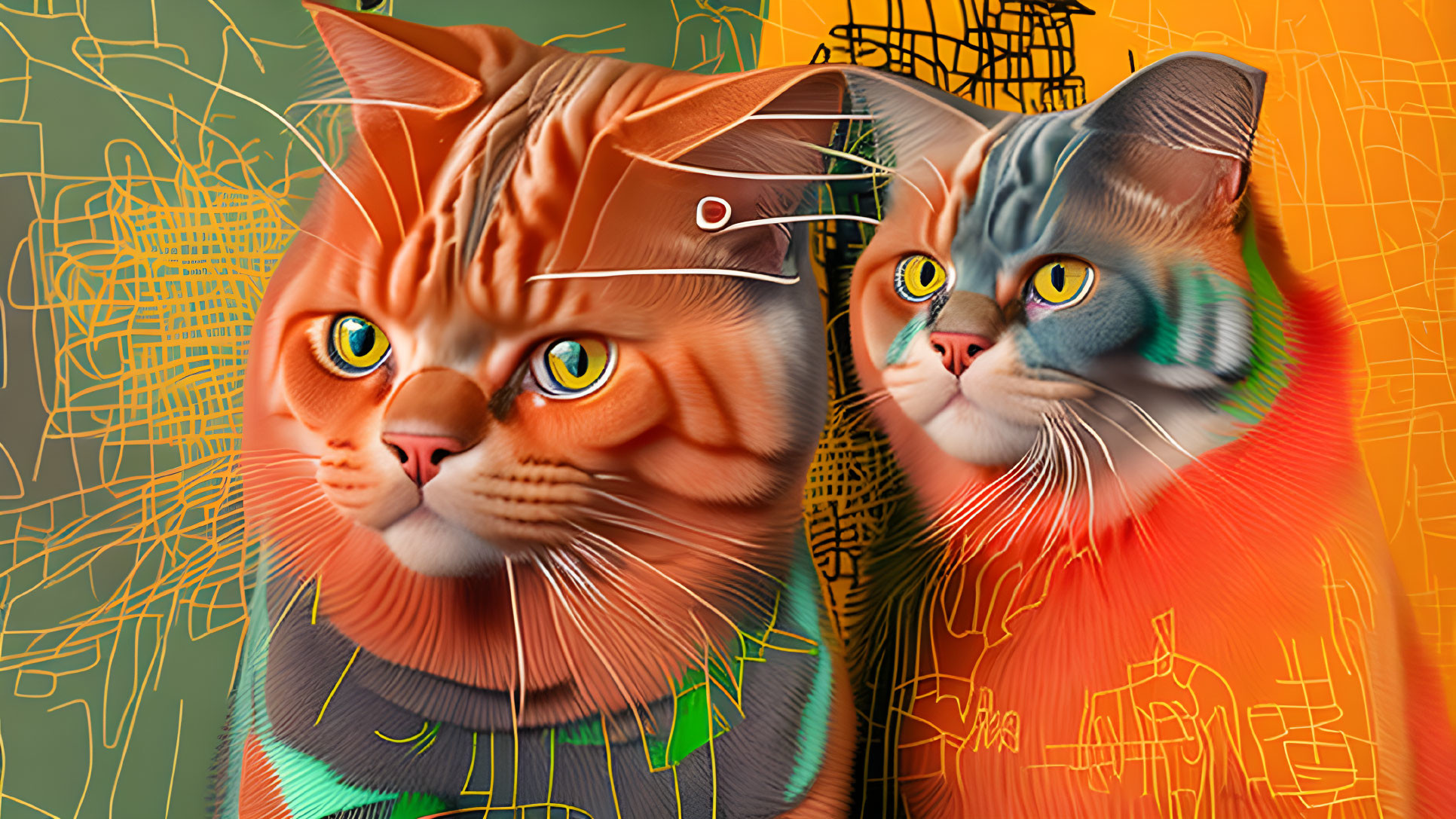 Stylized digital art: Colorful cat portraits with human-like eyes