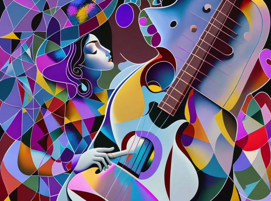 Abstract image of woman playing cello with colorful geometric patterns