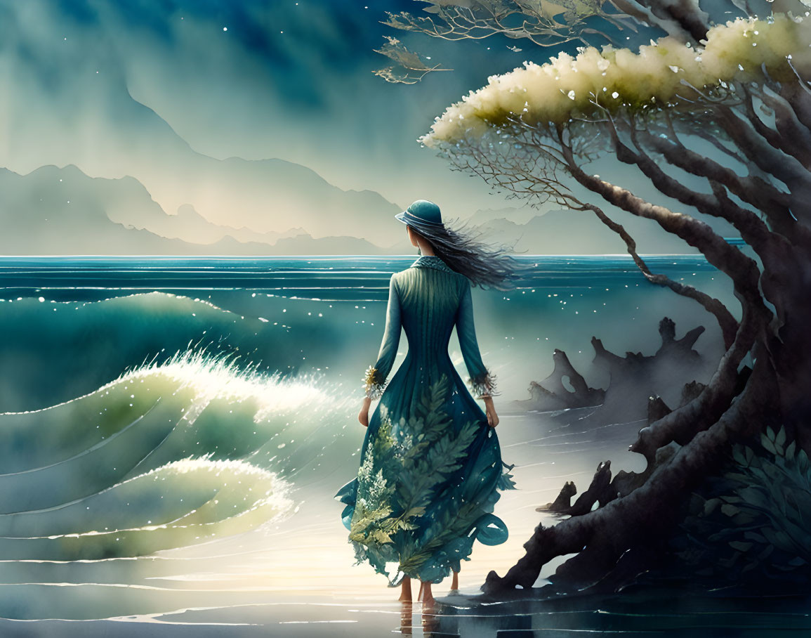 Woman in Green Dress by Sea Under Starry Sky and Illuminated Tree