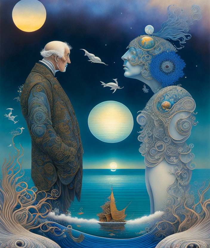 Elderly man and woman with body patterns at sunset with sailboat and doves