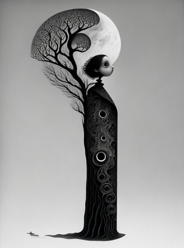 Monochromatic artwork: Human silhouette merging with tree, intricate patterns, full moon backdrop