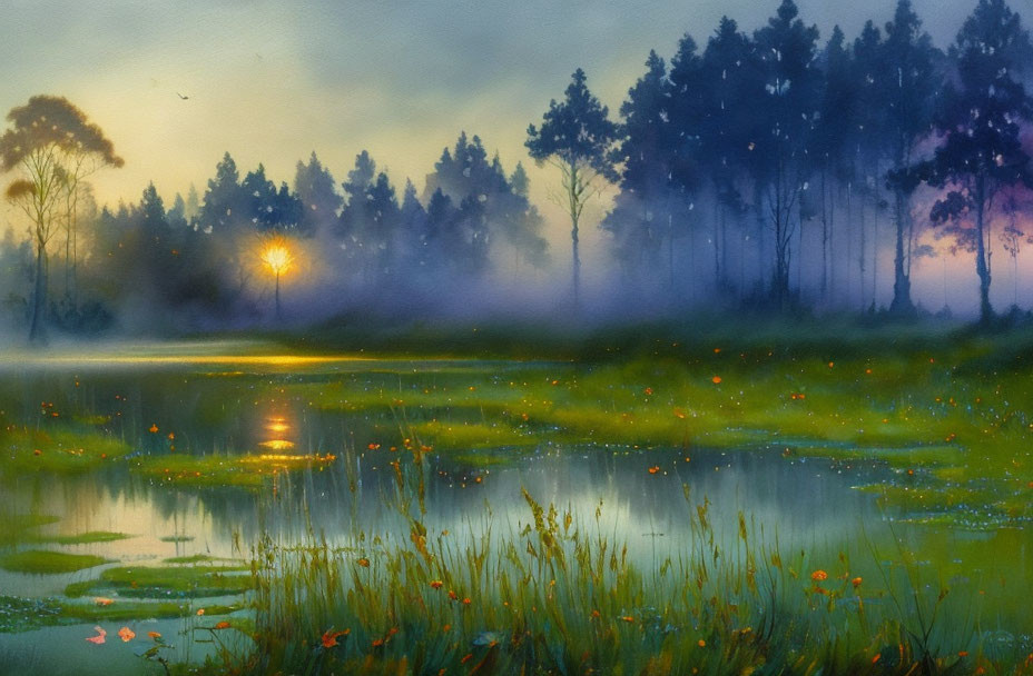 Tranquil marsh at twilight with soft light reflections and silhouetted trees