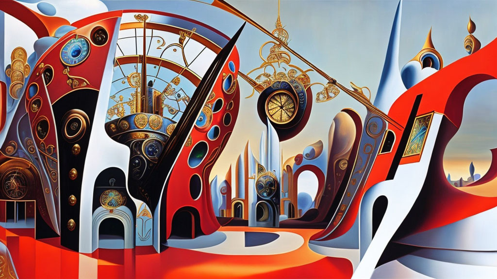 Fantastical surrealistic painting with arches and clock faces