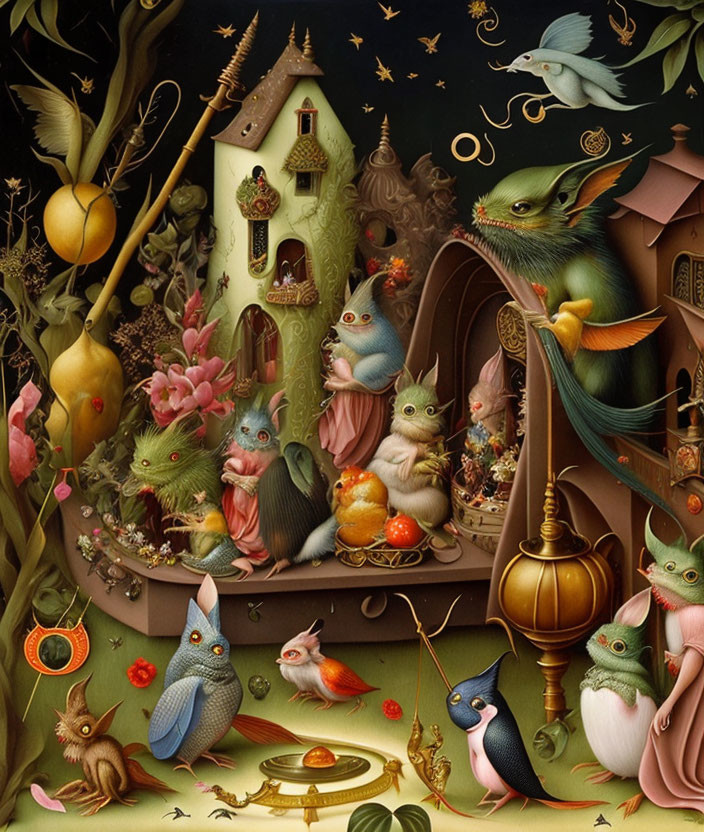 Fantasy illustration of anthropomorphic creatures in lush green and brown palette