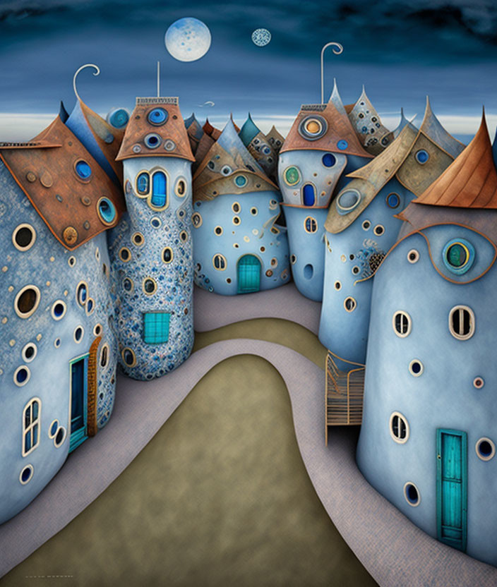 Surreal landscape with whimsical blue houses and two moons