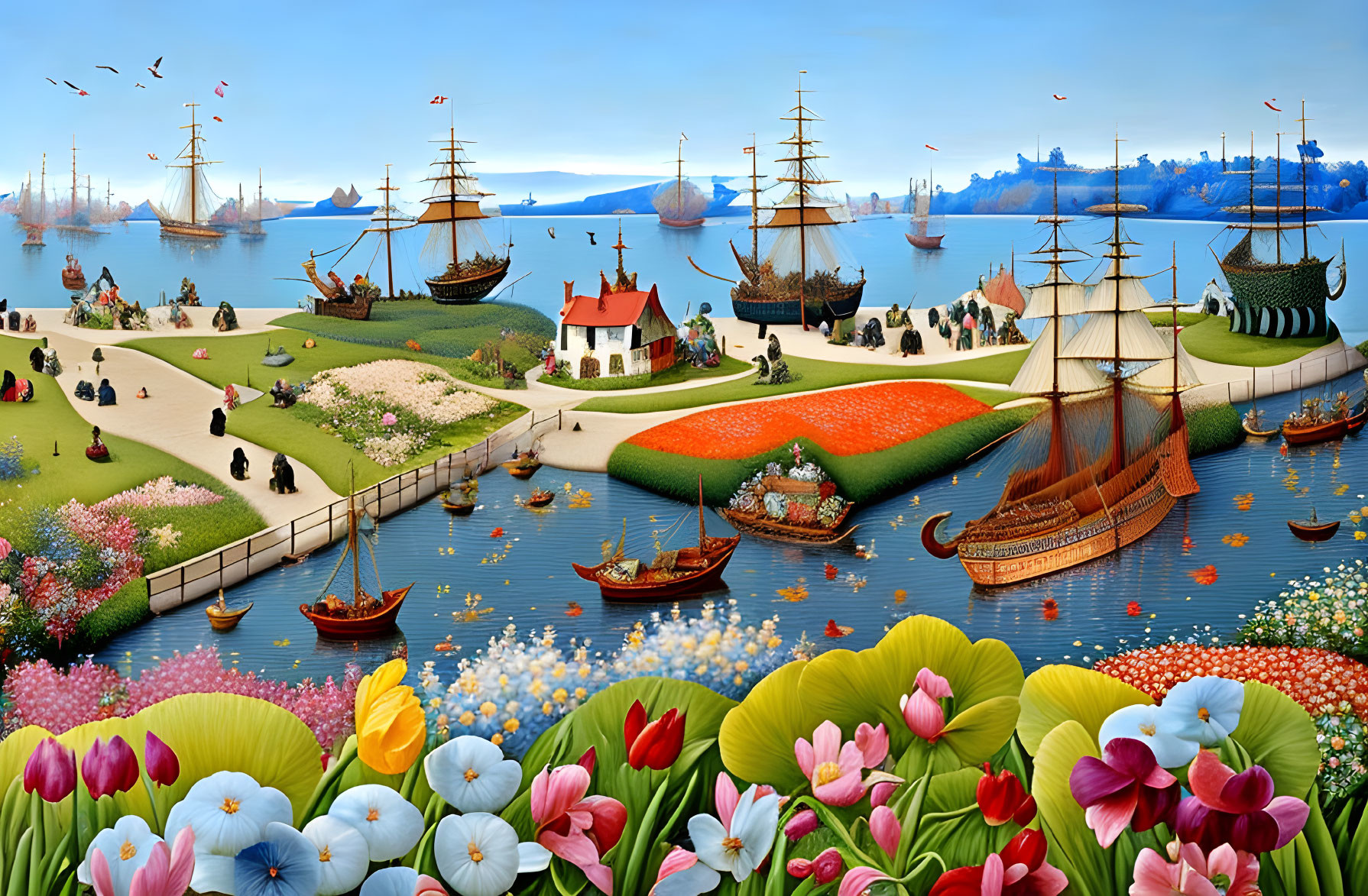 Vibrant harbor scene with colorful flowers, people, docks, houses, tall ships