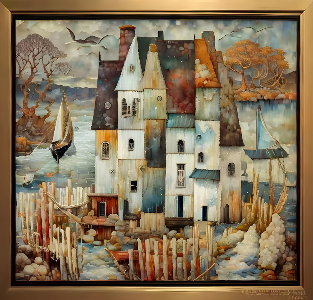 Whimsical seaside village painting with stylized houses and boats