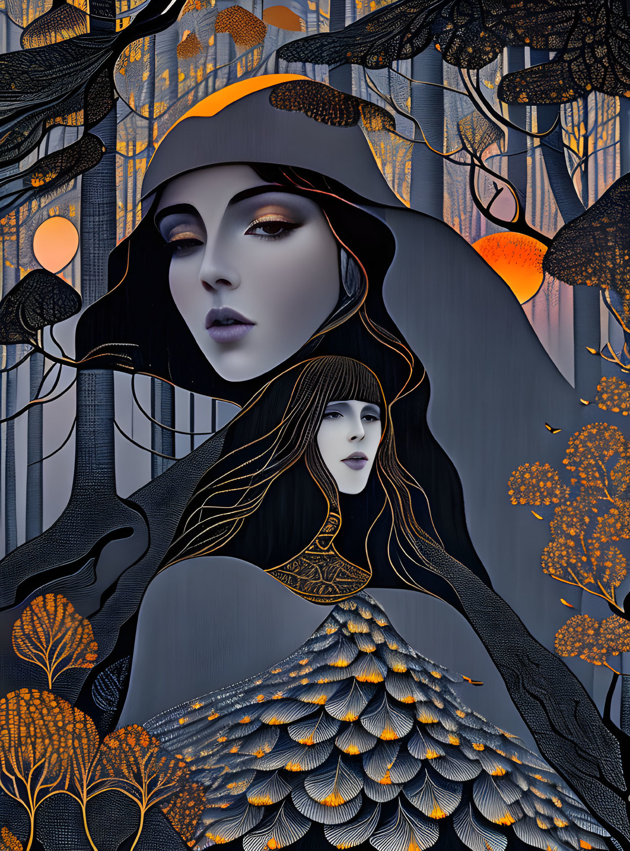 Stylized artwork of two female figures in ornate attire against dark forest backdrop