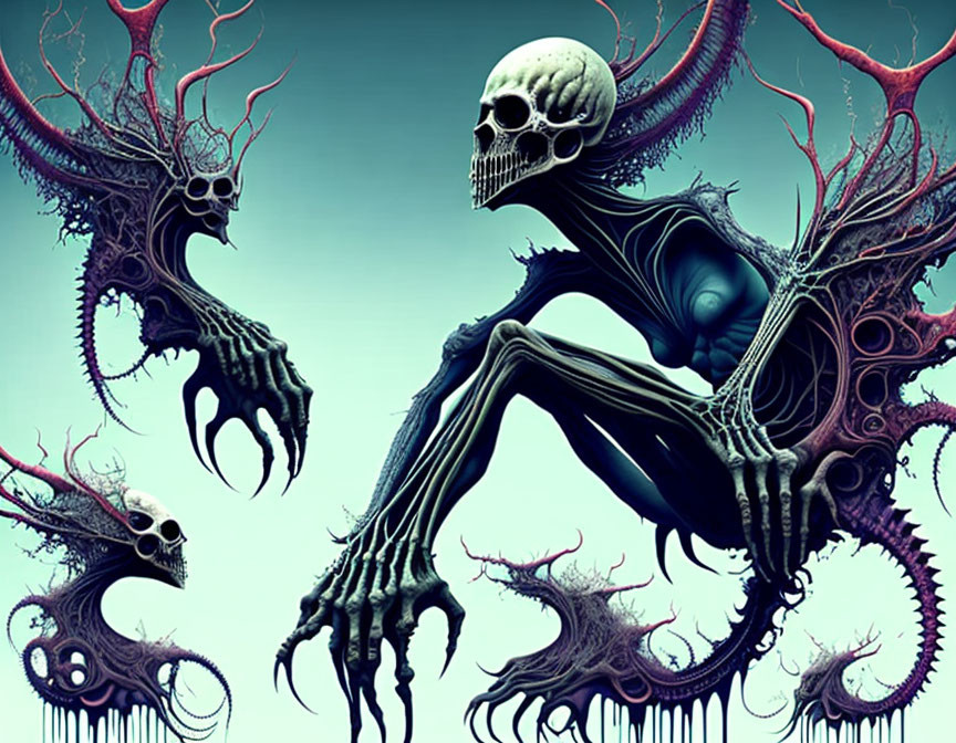 Surreal dark artwork: skeletal figure, tentacles, floating skulls on teal.