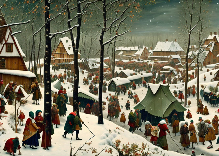 Winter Village Scene with Period Clothing, Tents, and Snow-covered Rooftops