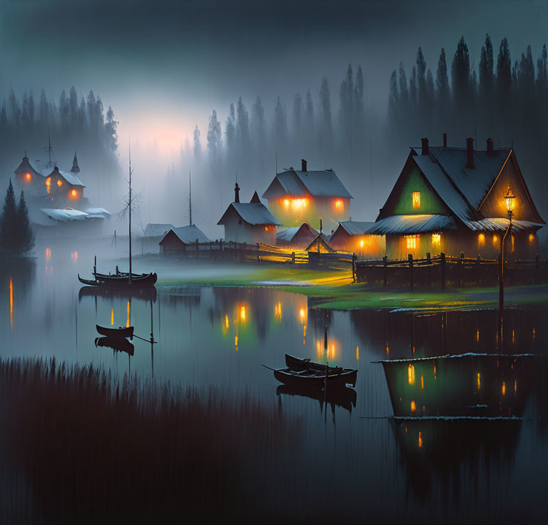 Tranquil lake at twilight with cozy cottages, shimmering reflections, and boats near misty