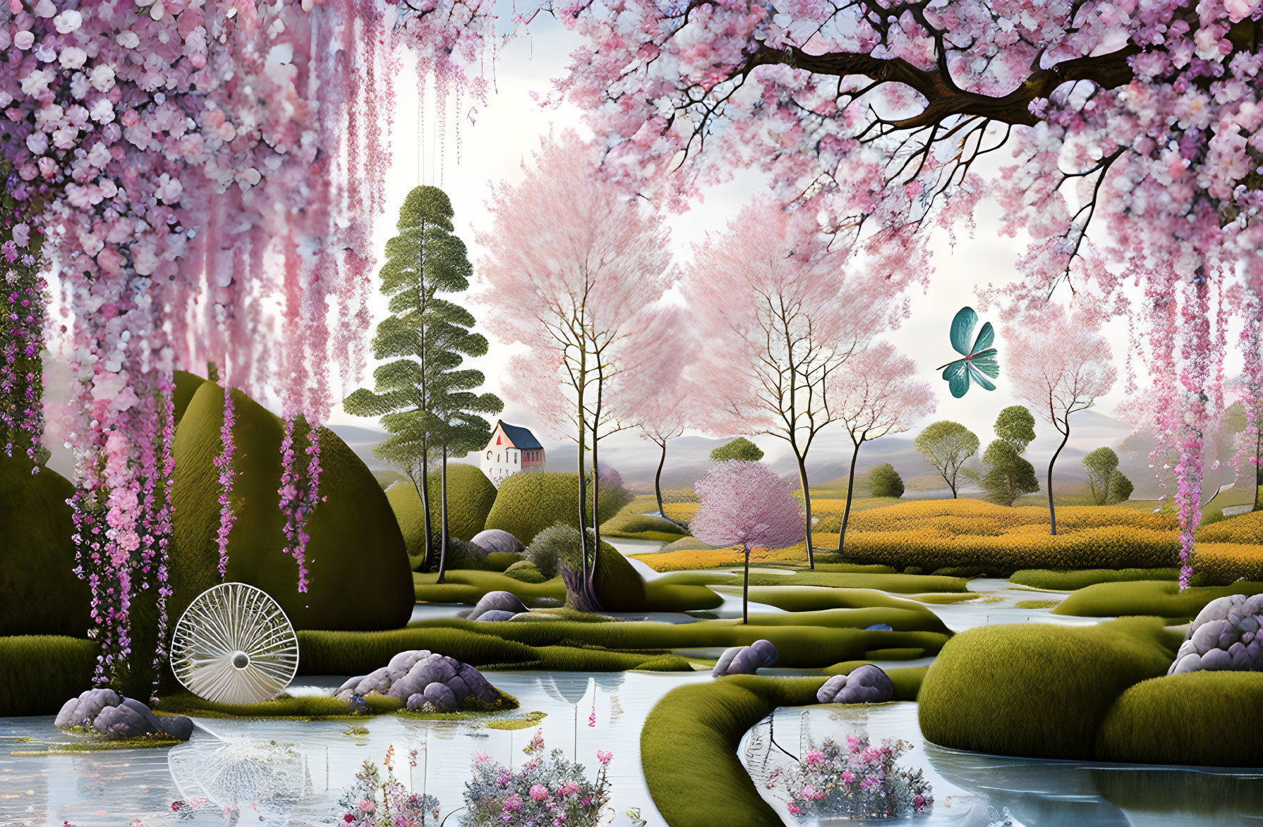 Tranquil Cherry Blossom Landscape with Pinwheel