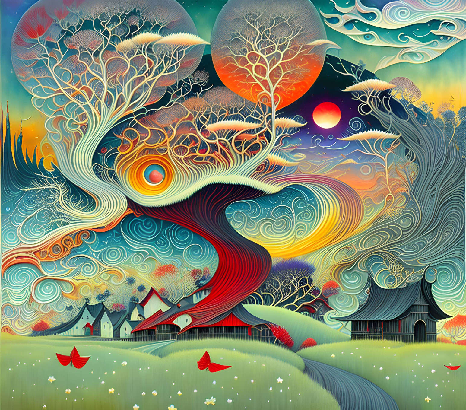 Colorful Whimsical Landscape with Swirling Trees and Houses