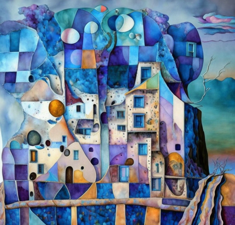 Colorful Abstract Painting: Whimsical Houses & Geometric Patterns