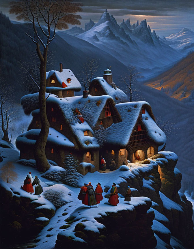 Snow-covered cottage and mountain peaks in whimsical winter scene