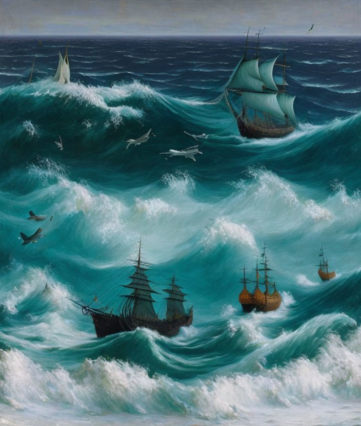 Sailing ships on turbulent dark blue-green ocean waves with seagulls.