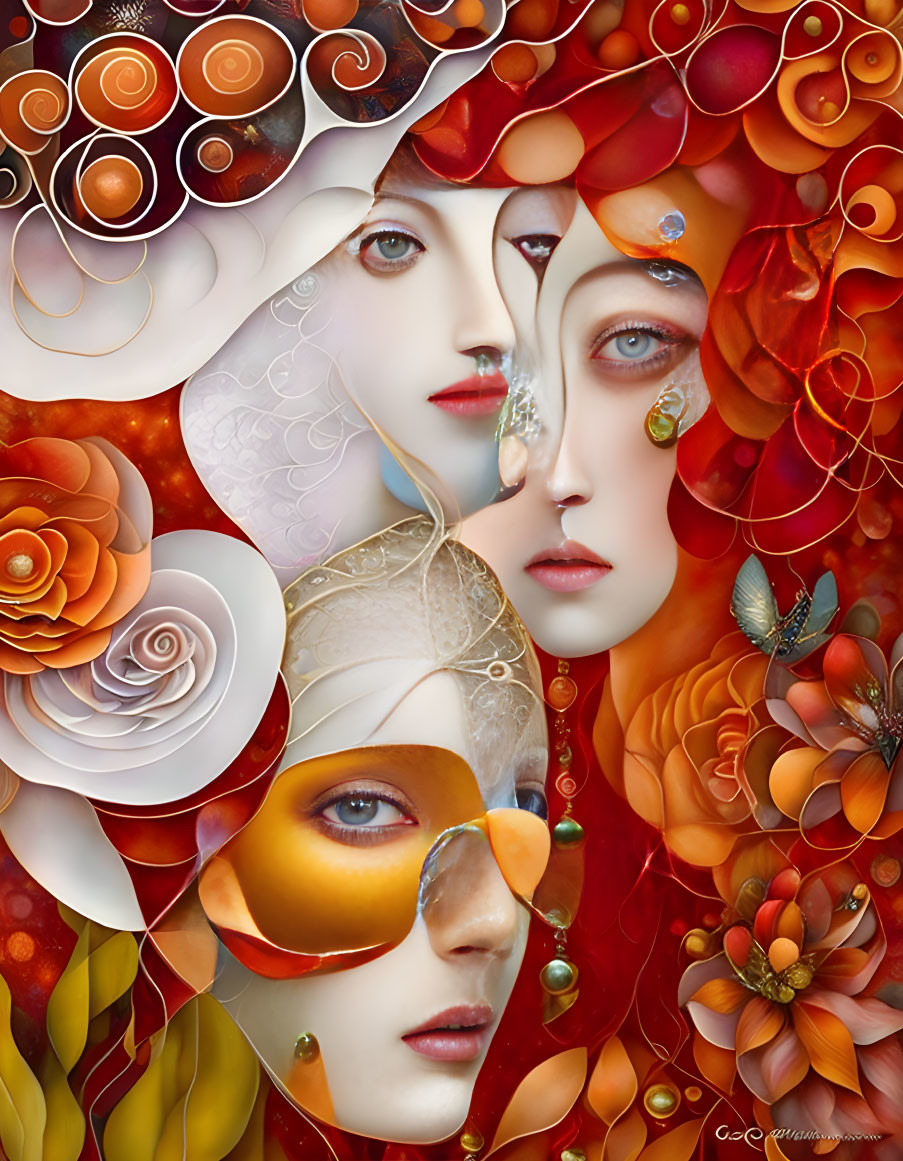 Digital artwork featuring multiple surreal female faces with ornate floral patterns in warm tones