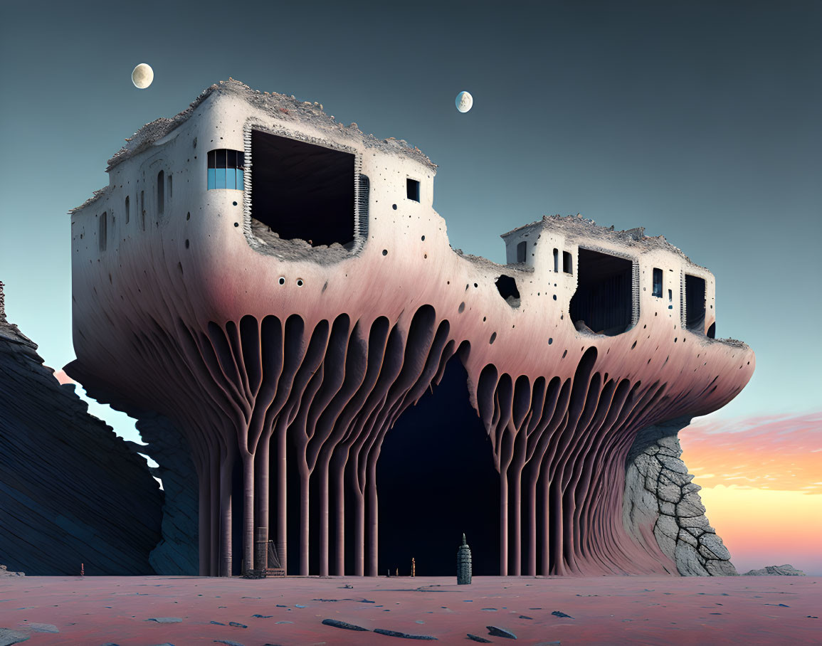 Surreal building with tree trunk pillars on alien landscape with two moons at twilight