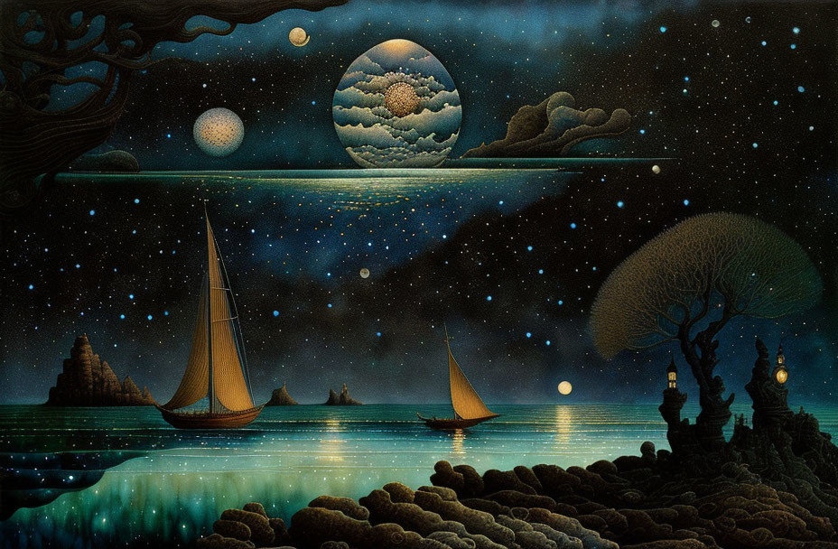 Surreal night seascape with sailboats, moons, starry sky, clouds, and tree