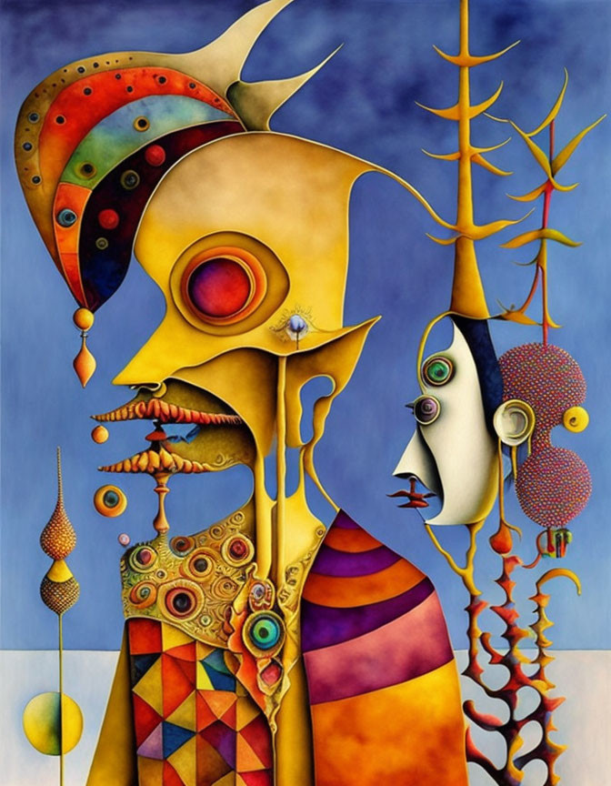 Vibrant surreal painting with abstract humanoid figures