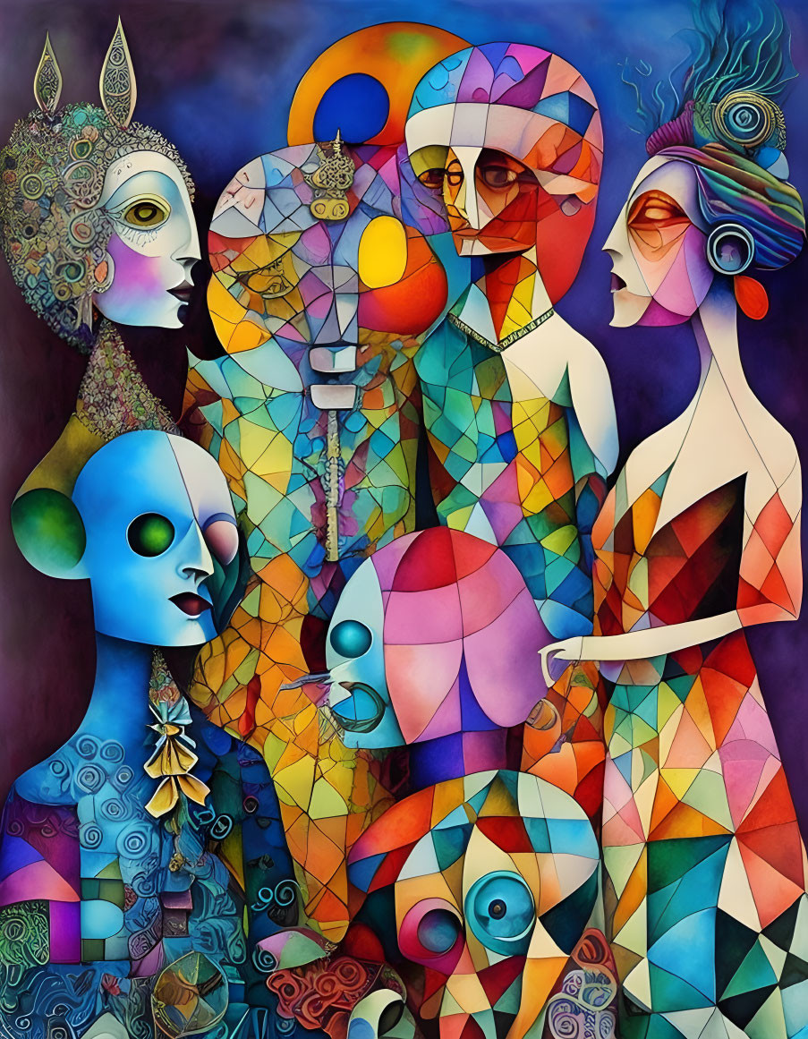 Colorful Abstract Painting: Stylized Human-like Figures