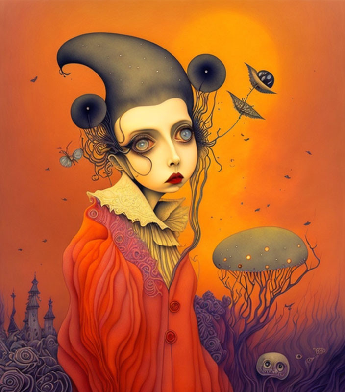 Surreal character portrait with jester hat, dramatic makeup, floating objects, orange background.