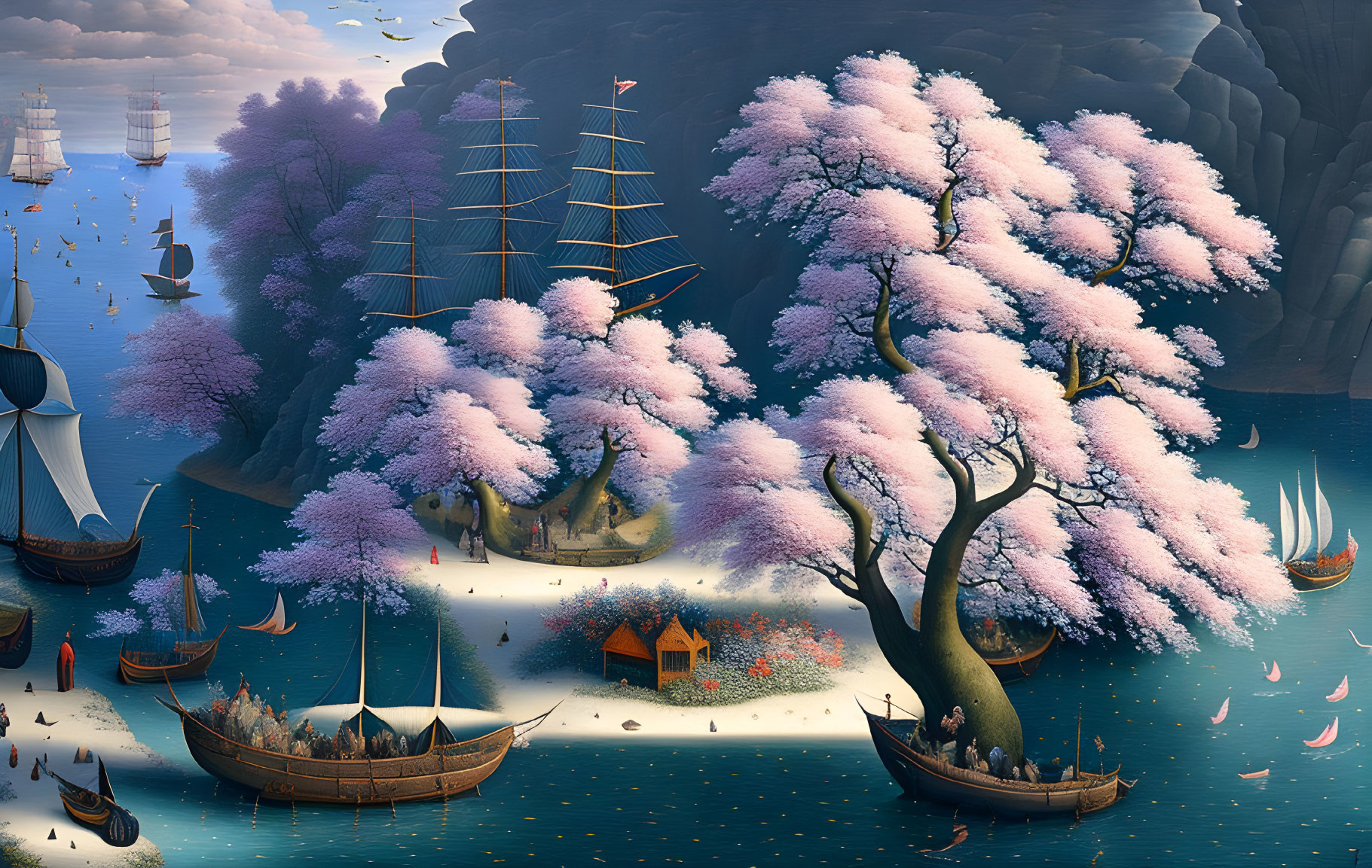 Seaside scene with cherry blossom trees, boats, cliffs