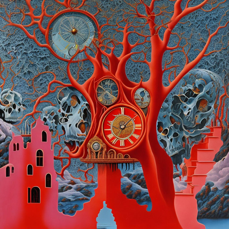 Surrealist painting with red tree, clocks, skull, veins, castle, and stairs