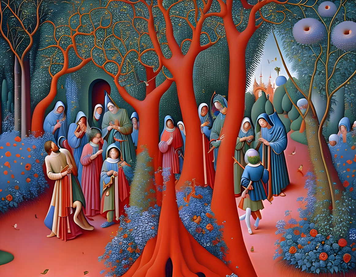 Colorful painting of robed figures in a surreal landscape.