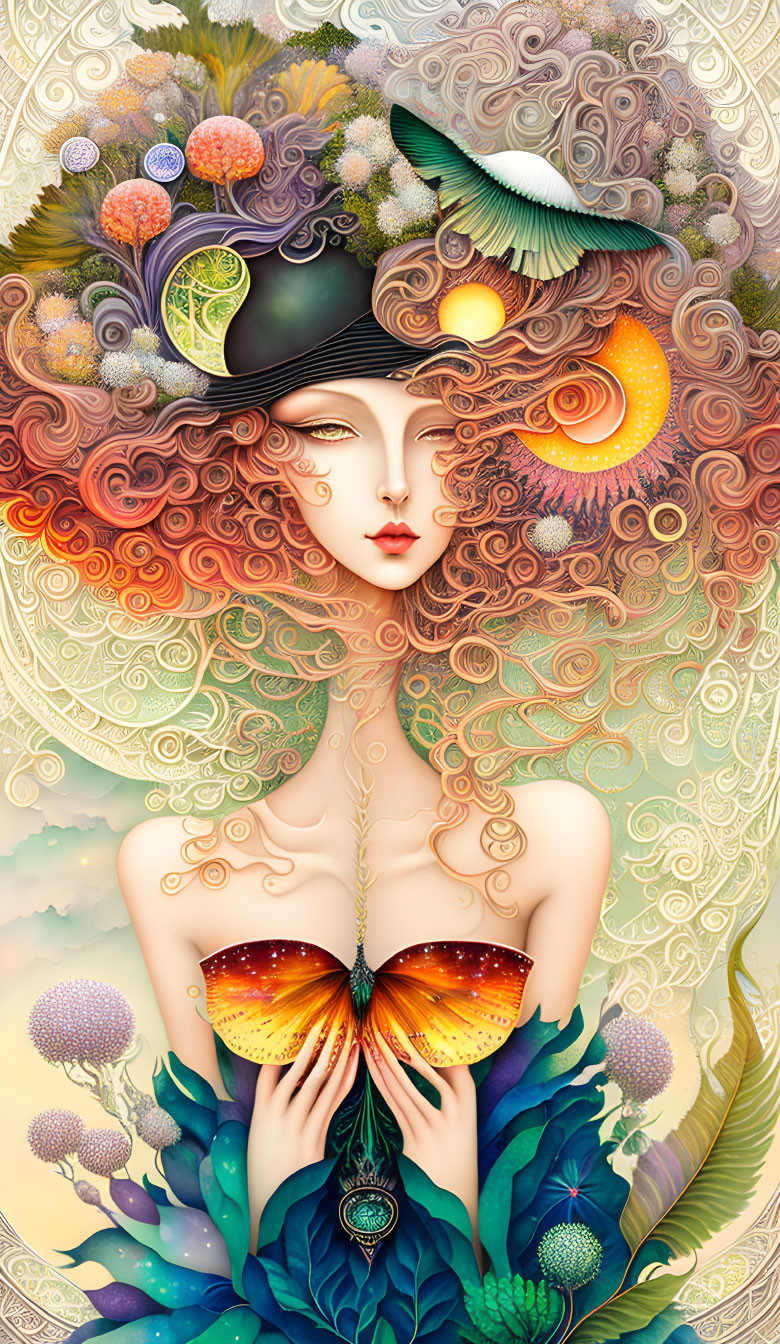 Surrealistic woman portrait with butterfly, flora, and celestial motifs