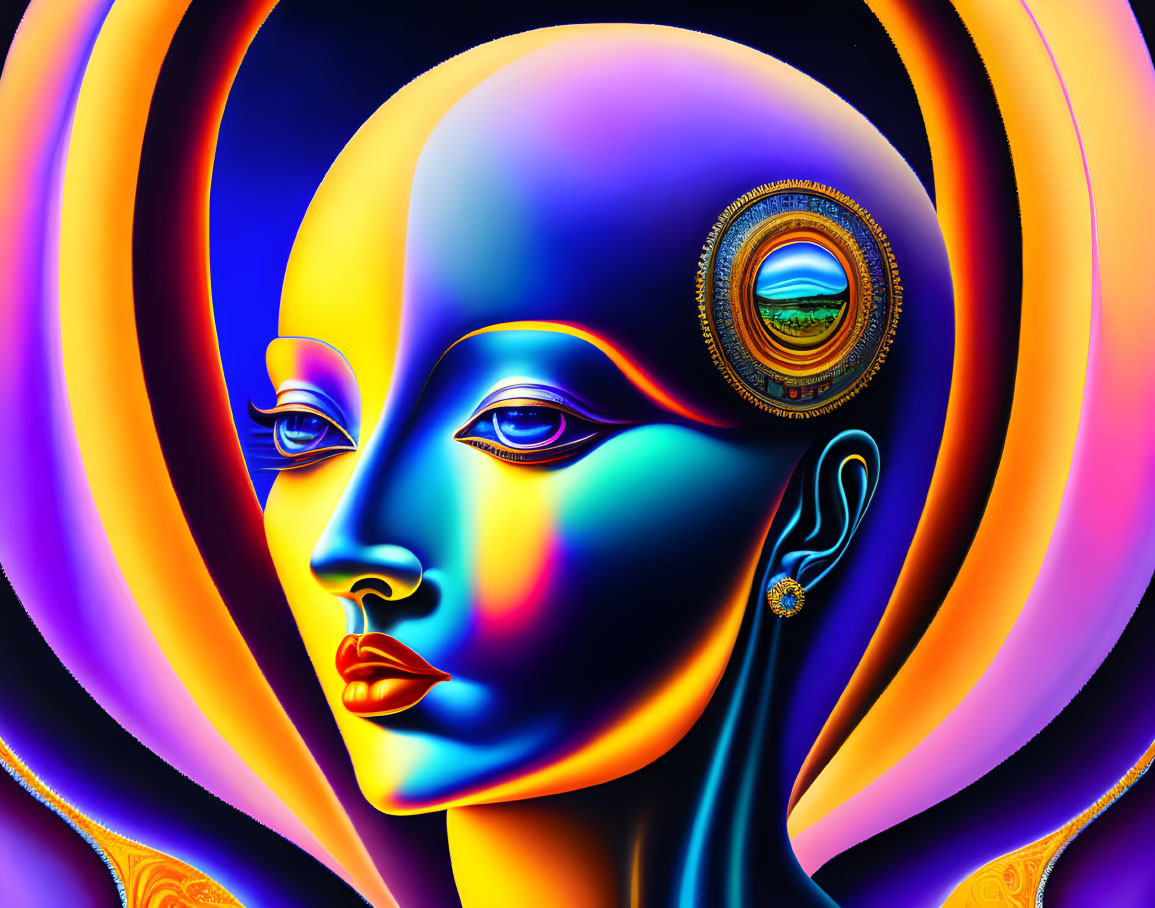 Colorful digital artwork: Mirrored female face profiles on swirling background