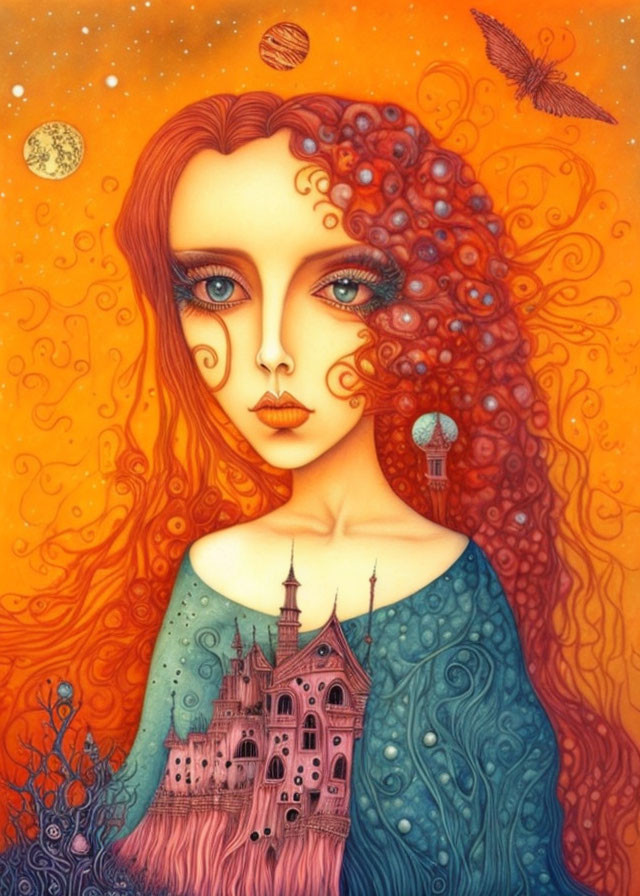 Surreal illustration: Woman with large eyes and red hair, castle, planets, butterfly