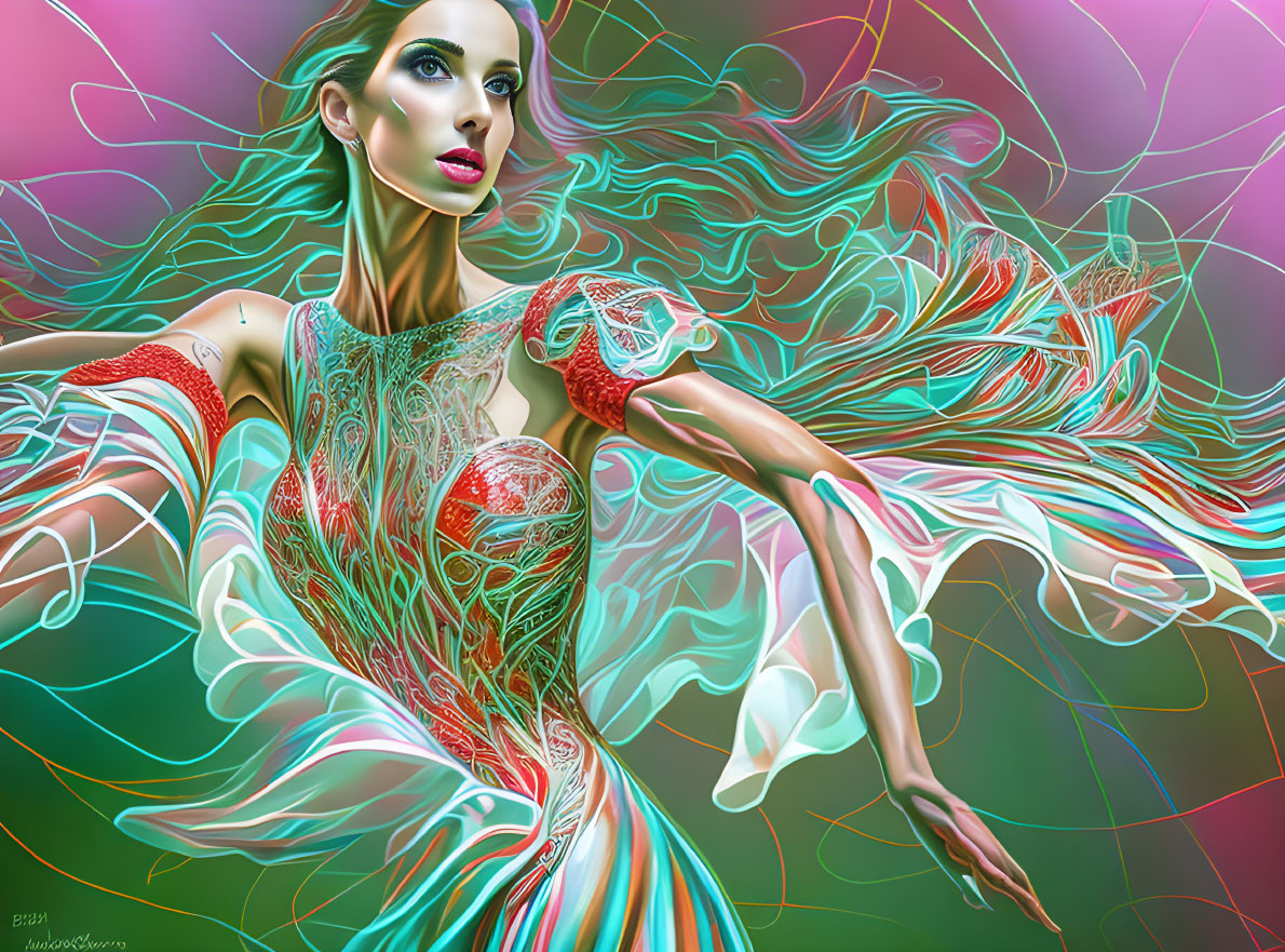 Colorful abstract digital artwork of woman with flowing patterns