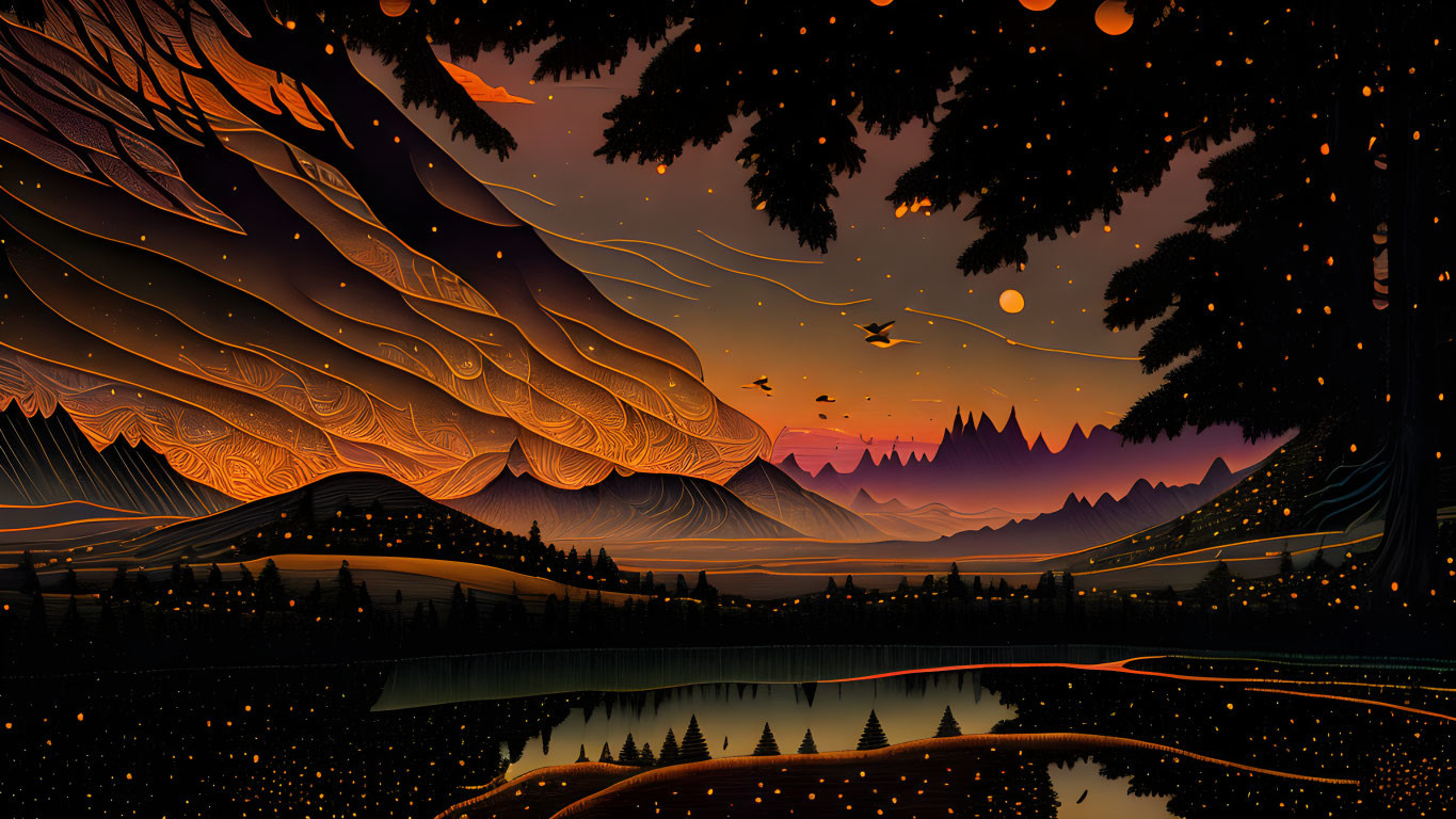 Surreal landscape with fiery skies, silhouetted mountains, trees, reflective lake, and