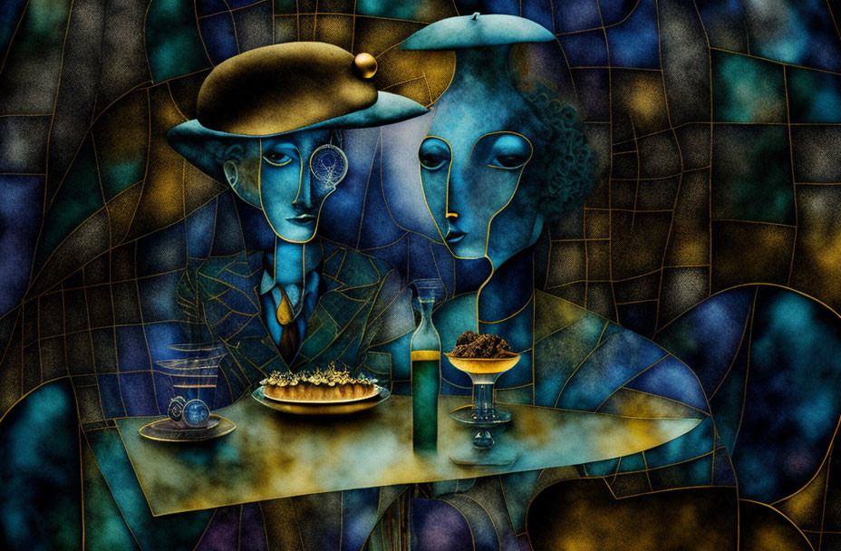 Stylized figures in hats at table with drinks on blue mosaic background