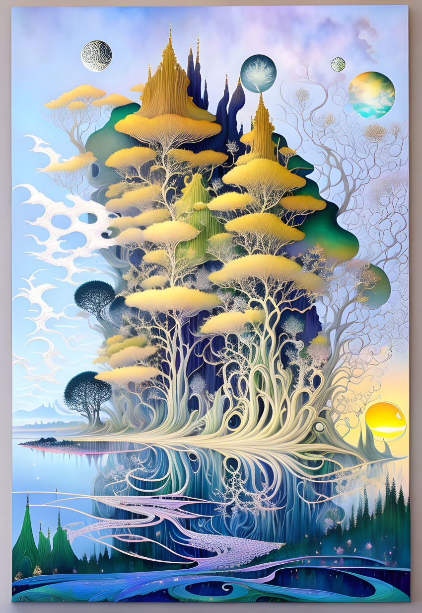 Colorful Landscape Artwork with Stylized Trees, Celestial Bodies, and Lakeside View