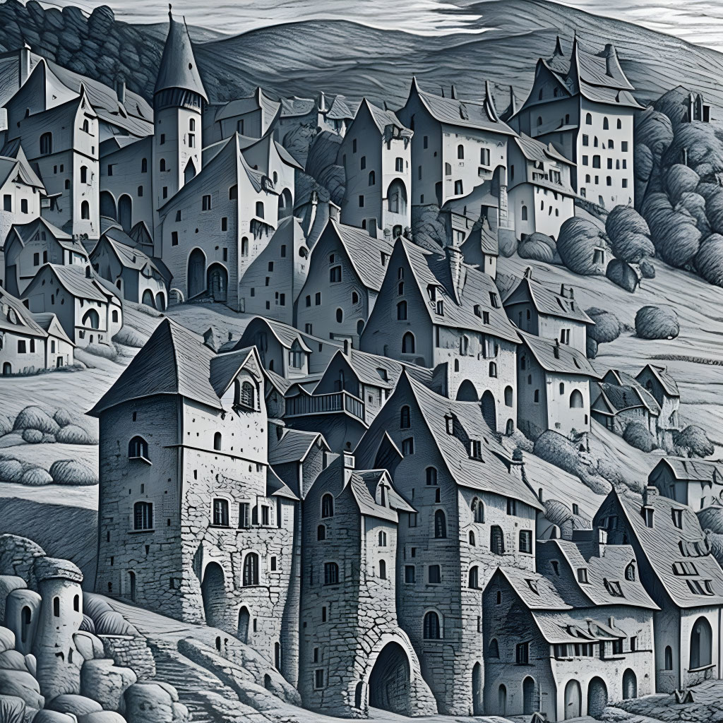 Detailed Monochromatic Fantasy Medieval Village Illustration