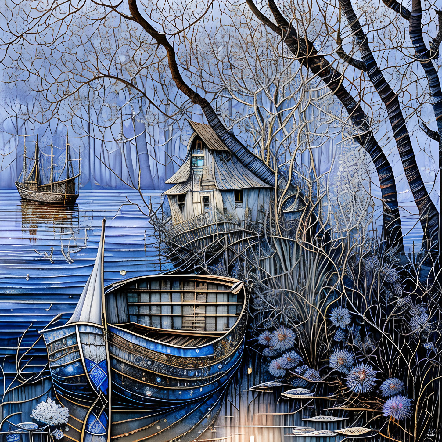 Detailed Illustration: Blue & White Whimsical Maritime Scene with Ornate Boats, House,