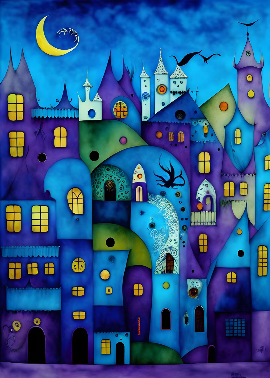 Whimsical blue and purple town painting with crescent moon and stars