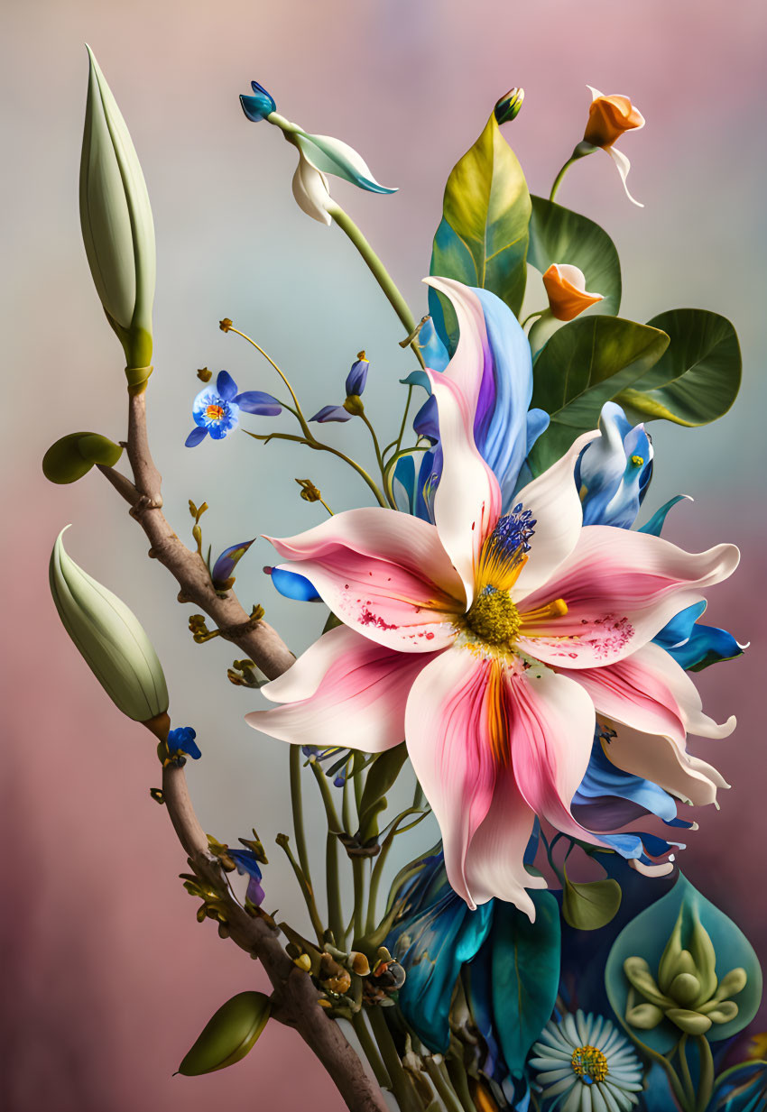 Colorful digital artwork: Blooming flower with buds and foliage