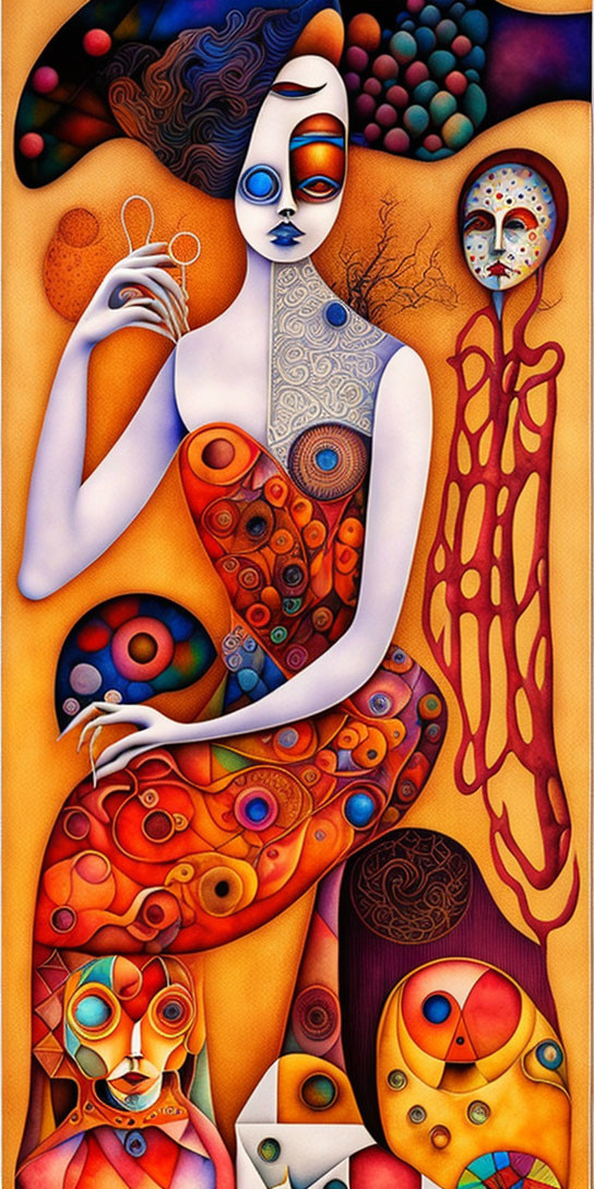 Colorful surreal artwork of stylized female figure with patterned skin surrounded by abstract shapes and whimsical